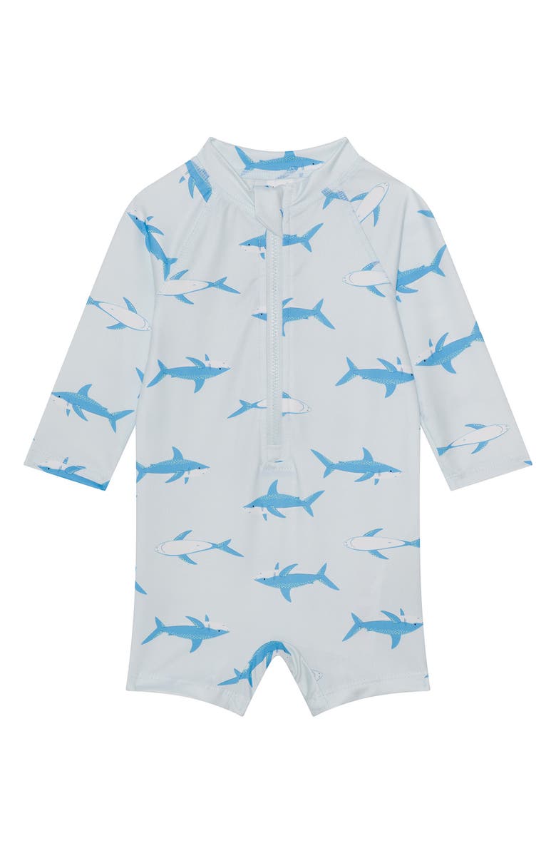 PL Baby by Petit Lem Shark Long Sleeve One-Piece Rashguard Swimsuit & Hat Set, Alternate, color, Sharks