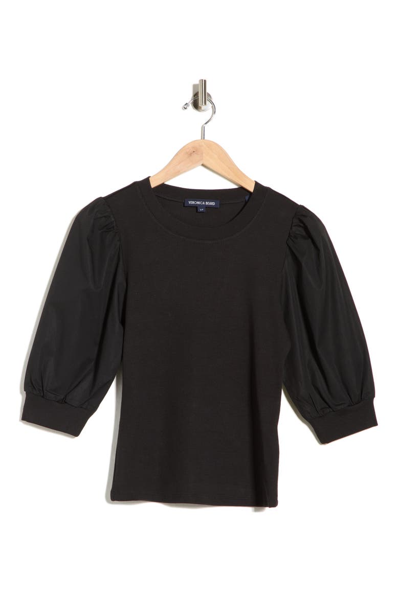 Coralee Puff Shoulder Rib & Stretch Poplin Top, Alternate, color, BLACK