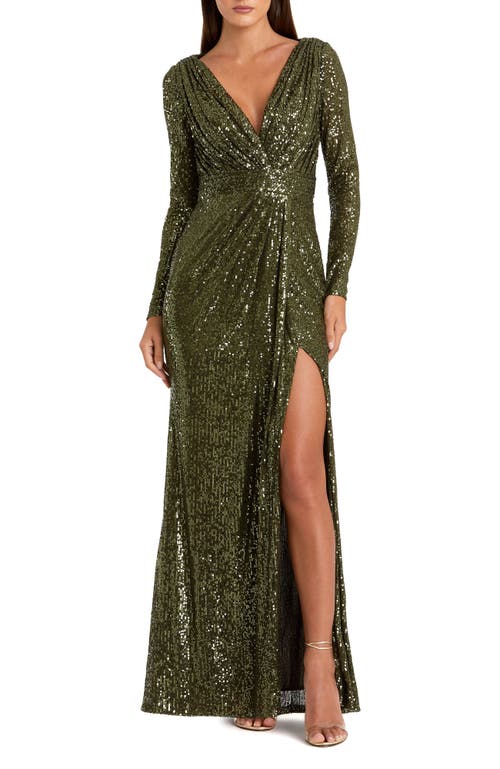 Mac Duggal Sequined Long Sleeve High Slit Gown In Olive