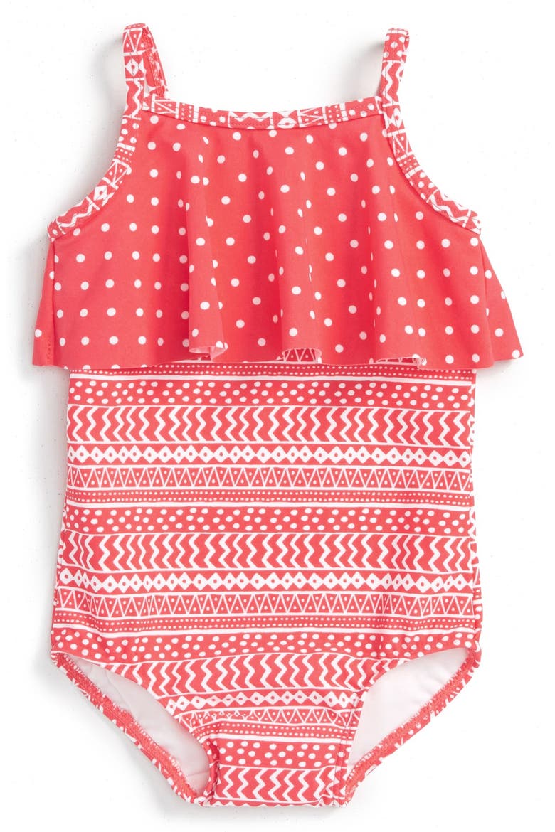 Ruffle One-Piece Swimsuit, Main, color, PINK PARADISE GEO STRIPE
