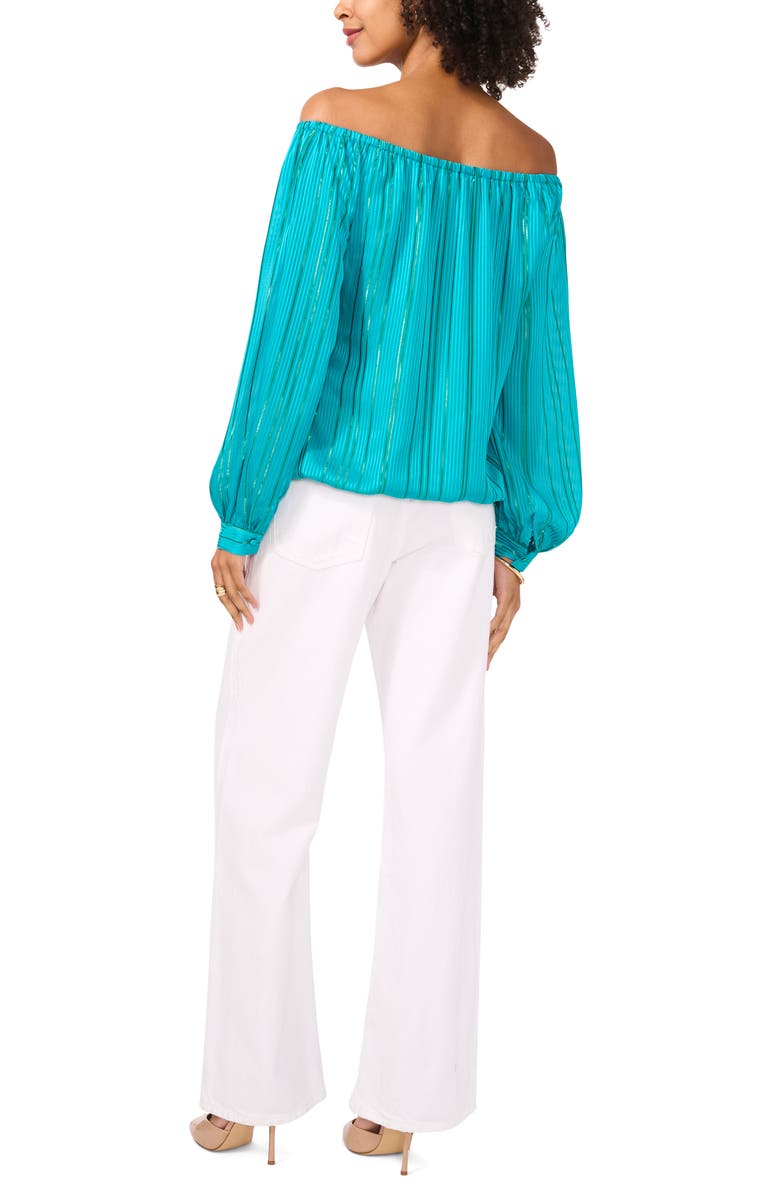 Vince Camuto Stripe Off the Shoulder Tie Hem Top, Alternate, color, Cool Lapis