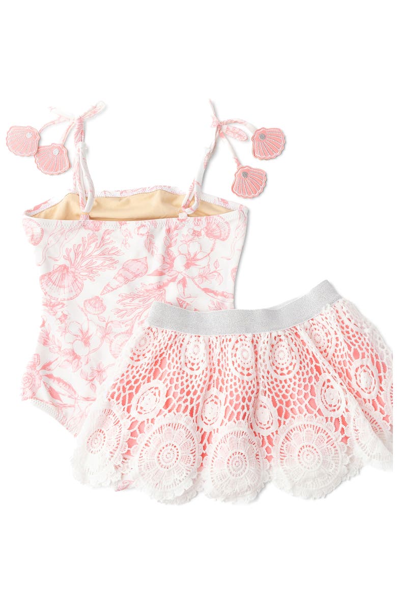 Seaside Toile One-Piece Swimsuit & Skirt Set, Alternate, color, CORAL