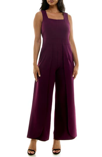 Nina Leonard Square Neck Sleeveless Tulip Hem Jumpsuit In Raisin