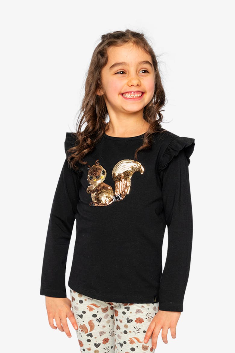 Organic Cotton Sequin Squirrel Ruffle Shoulder T-Shirt, Alternate, color, Black and Brown