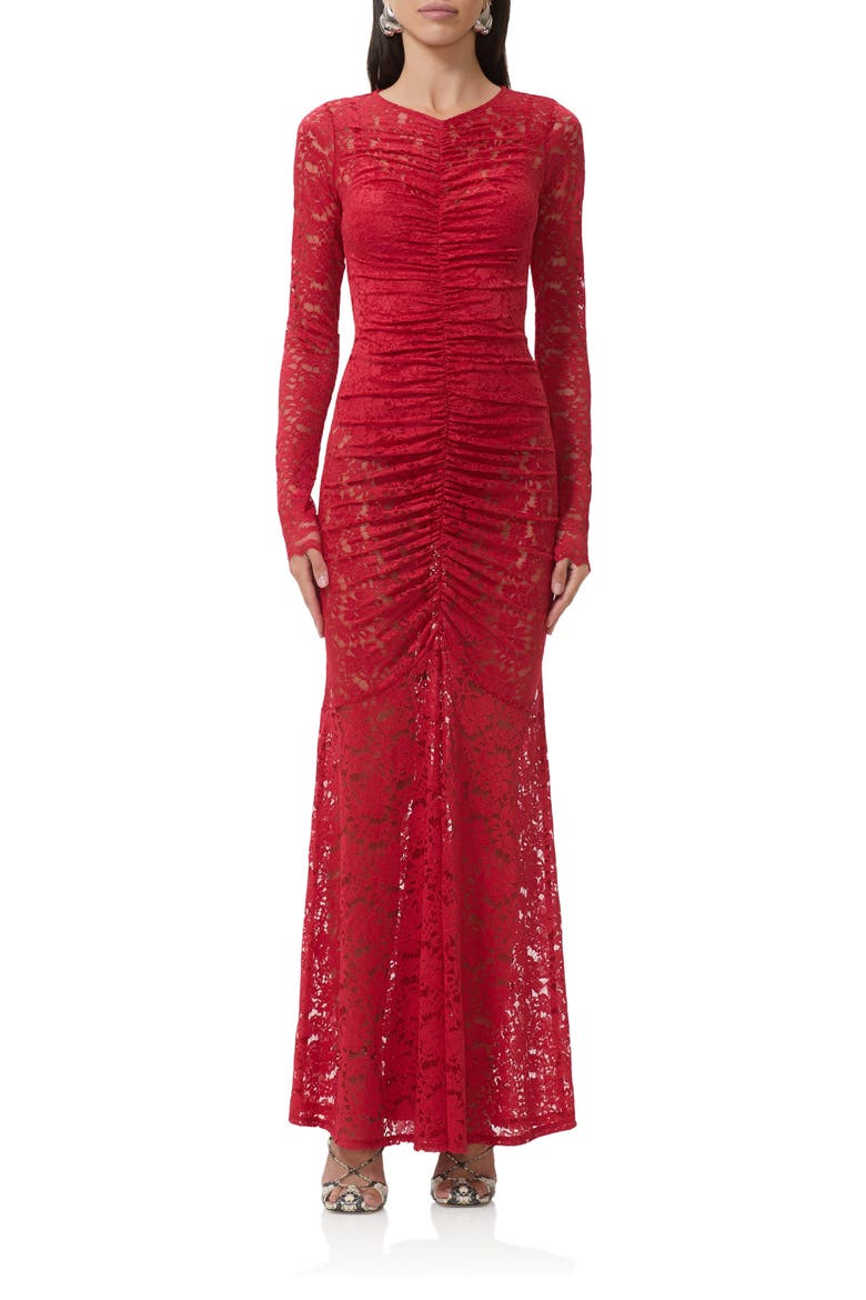 Jenima Long Sleeve Lace Mermaid Gown, Main, color, POPPY RED