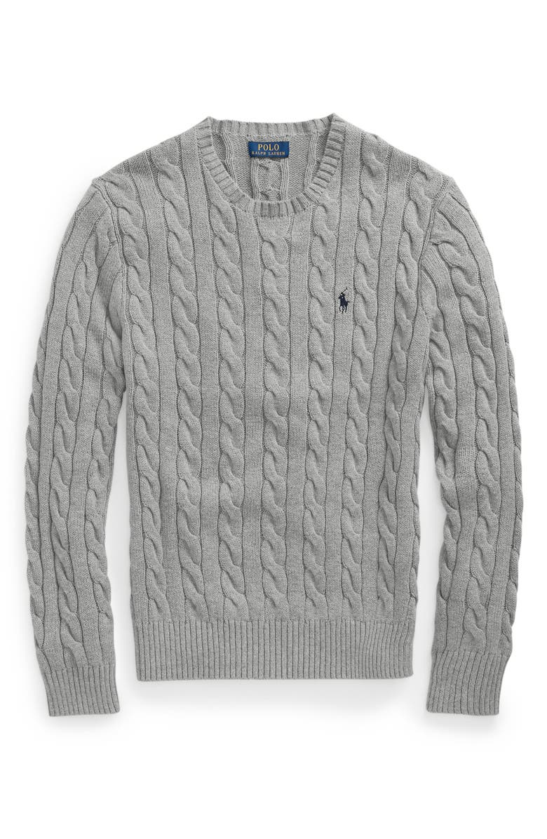 Polo Ralph Lauren Cable Knit Cotton Crewneck Sweater, Alternate, color, Fawn Grey Heather