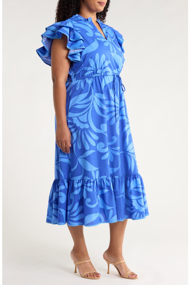 Emidora Floral Kiny Flutter Sleeve Cotton Midi Dress, Alternate, color, NAVY-BLUE