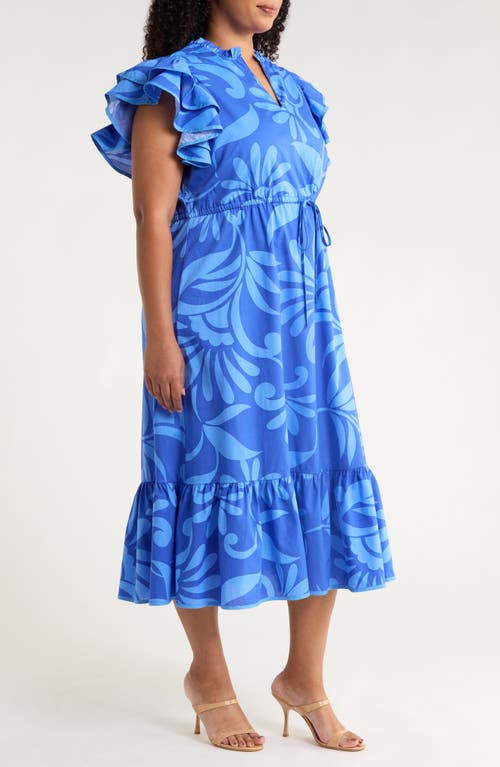 Sugarlips Emidora Floral Kiny Flutter Sleeve Cotton Midi Dress In Blue