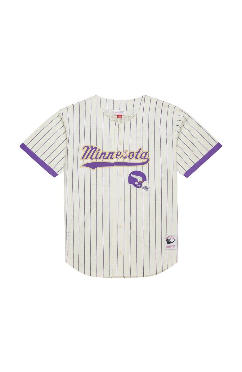 Mitchell 
Ness Men
s Mitchell 
Ness Randy Moss Cream Minnesota Vikings Name 
Number Mesh Button-Up Baseball Jersey, Alternate, color, Cream