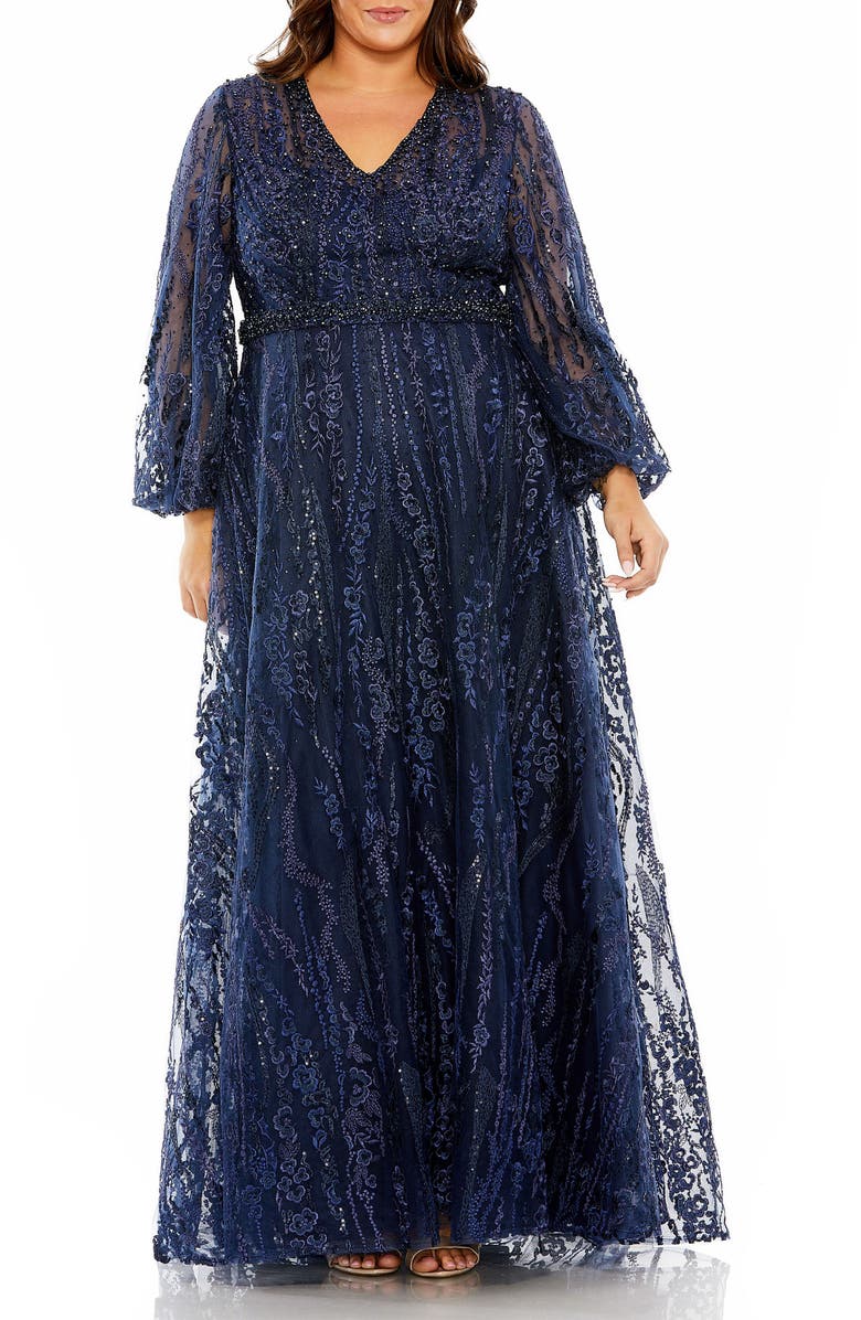 Mac Duggal V-Neck Puff Sleeve Embroidered A Line Gown, Main, color, Midnight
