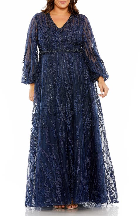 V-Neck Puff Sleeve Embroidered A Line Gown
