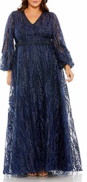 Mac Duggal V-Neck Puff Sleeve Embroidered A Line Gown