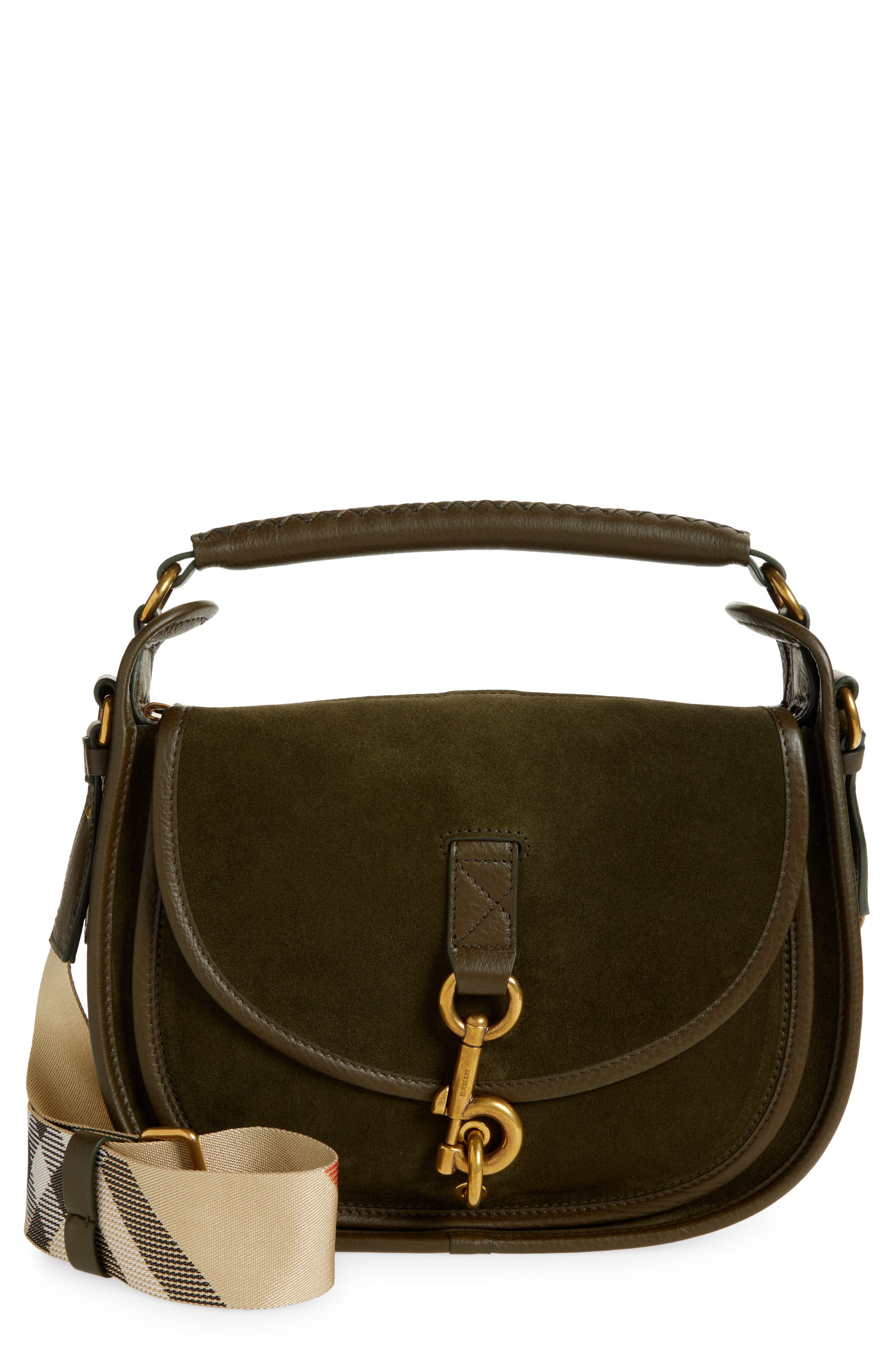 Burberry Small B Clip Suede Crossbody Bag, Main, color, Weald