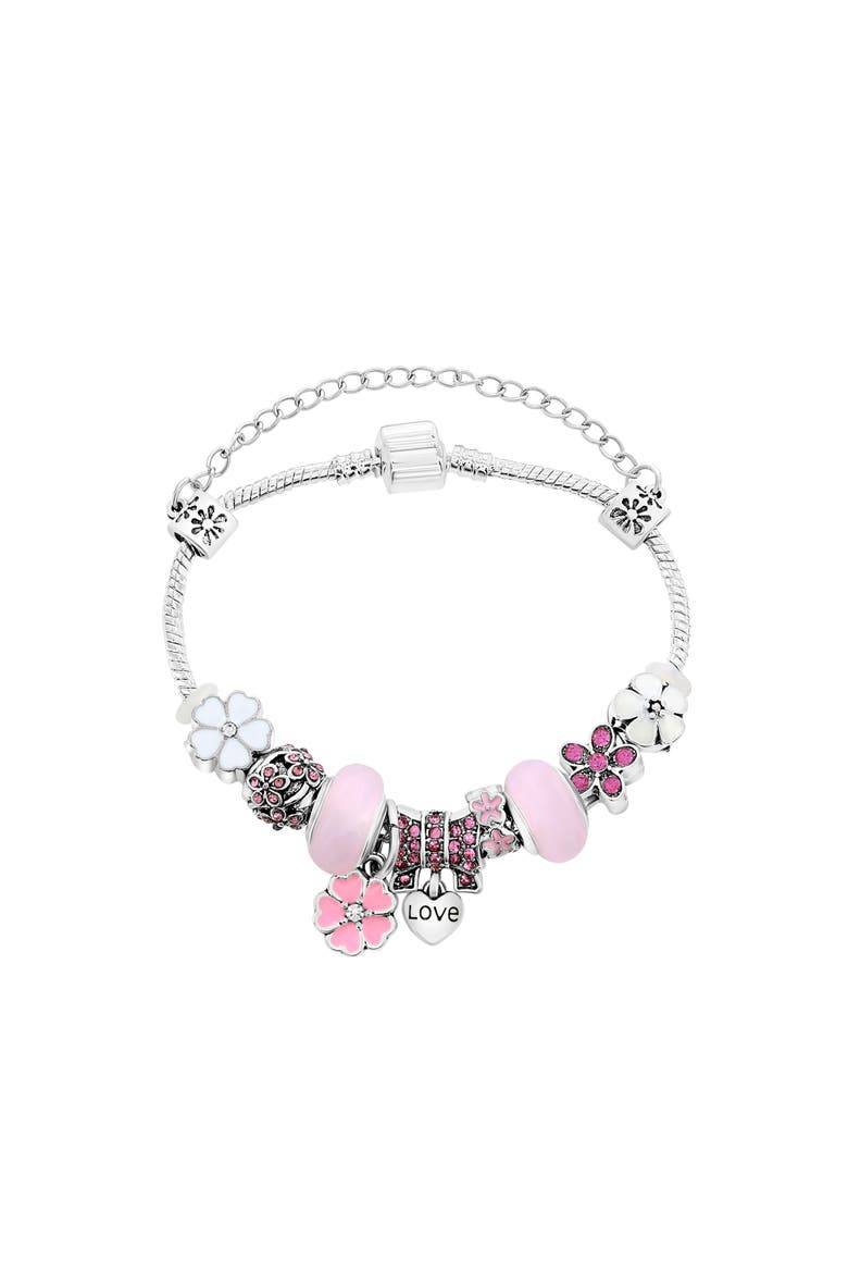 Pink Crystal Bow Charm Bracelet, Main, color, Pink
