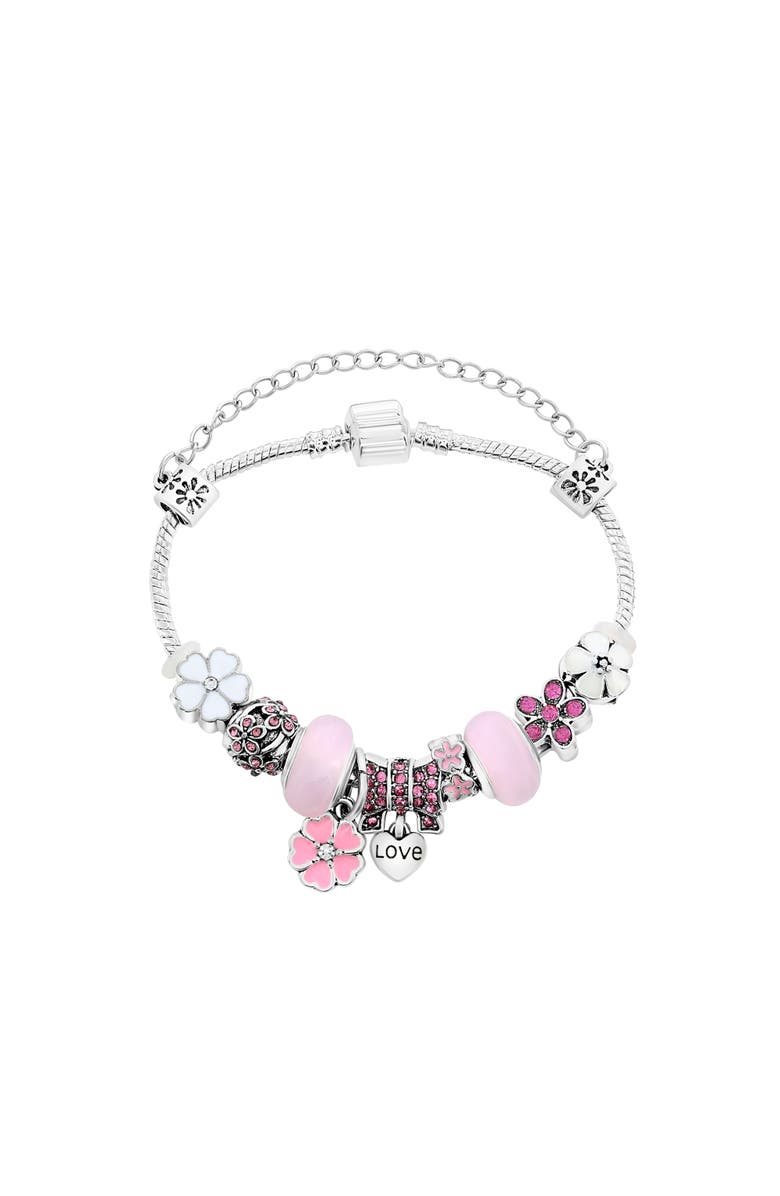 Donatello Gian Pink Crystal Bow Charm Bracelet, Main, color, Pink