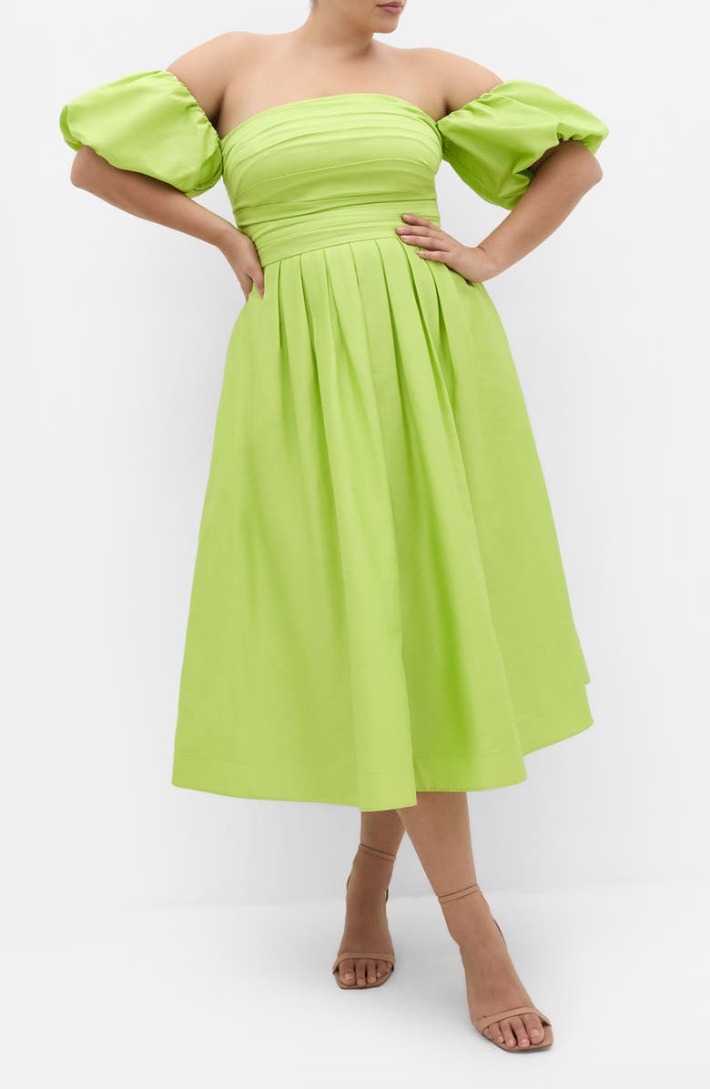 City Chic Rosalee Off the Shoulder Cotton Midi Dress, Main, color, Pistachio