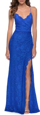La Femme Lace Long Dress with Scallop Detail on Skirt Slit
