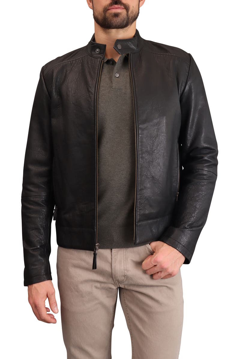 Bagatelle Textured Leather Racer Jacket, Main, color, Black