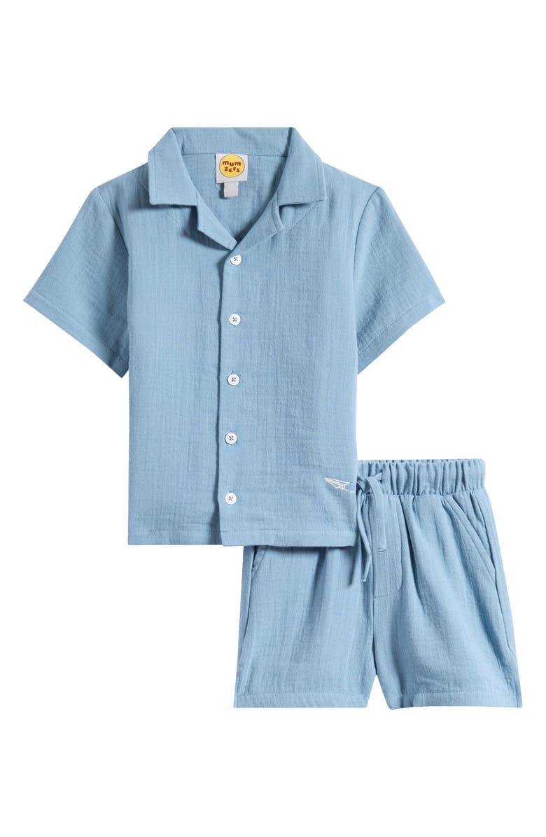 MUMZERS Kids' Blue Cotton Muslin Camp Shirt & Drawstring Shorts Set, Main, color, Blue