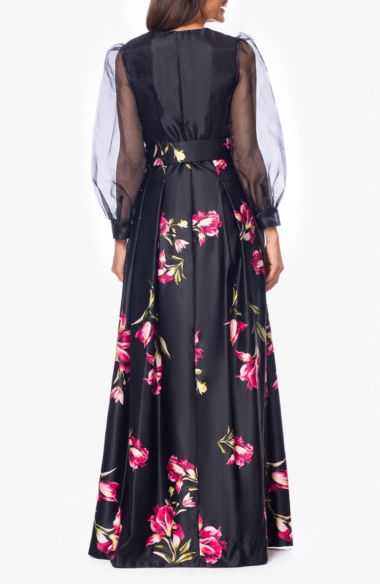 Betsy & Adam Floral Mixed Media Long Sleeve A-Line Gown, Alternate, color, 