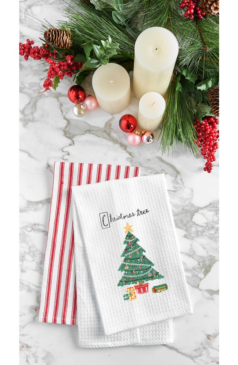 C&F Home 27" x 18' Holiday Christmas Tree Cotton Embroidered & Waffle Weave Kitchen Dish Towel, Alternate, color, White