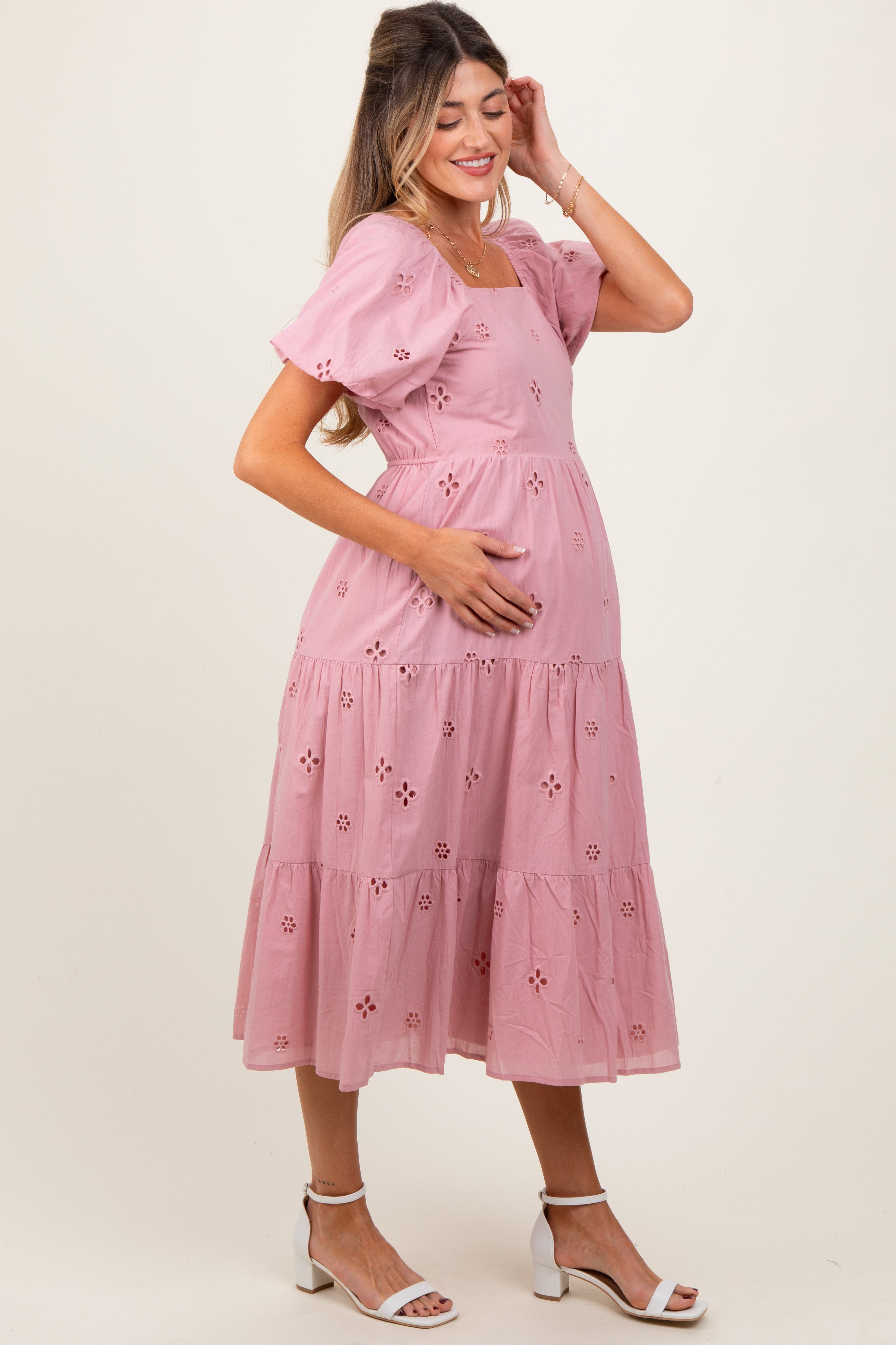 Eyelet Square Neck Midi Dress - image 2