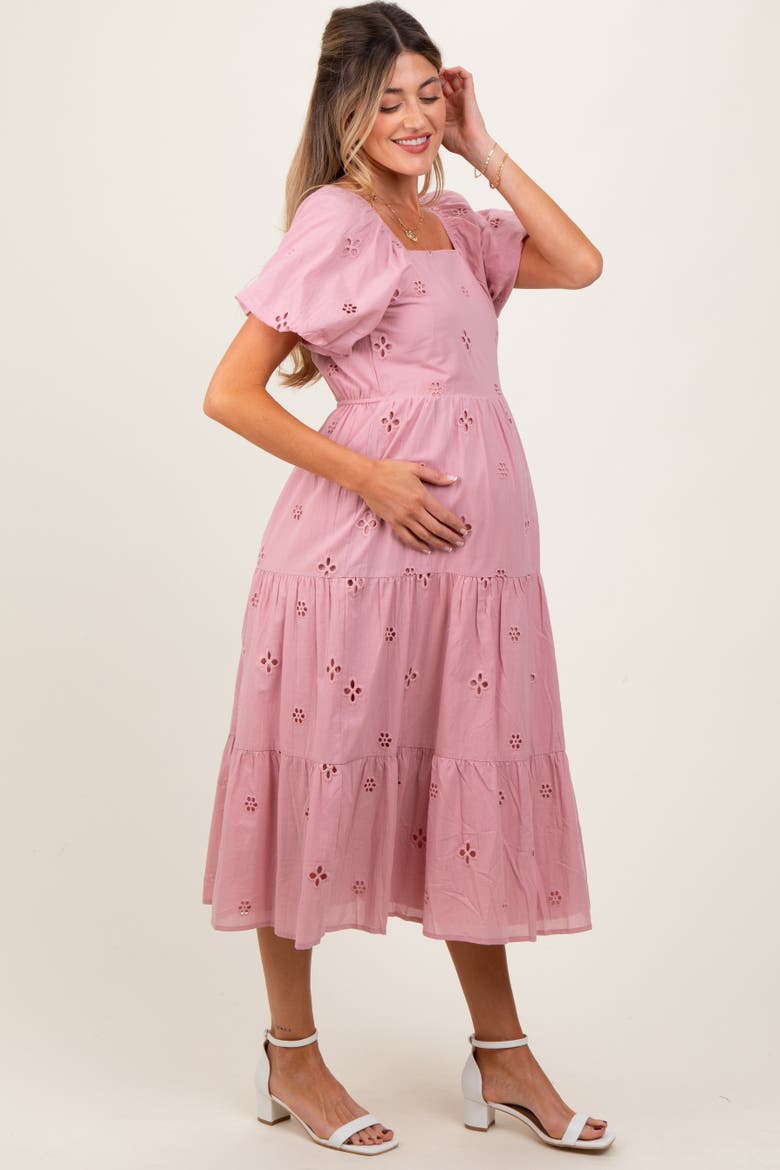 Eyelet Square Neck Midi Dress, Alternate, color, Pink