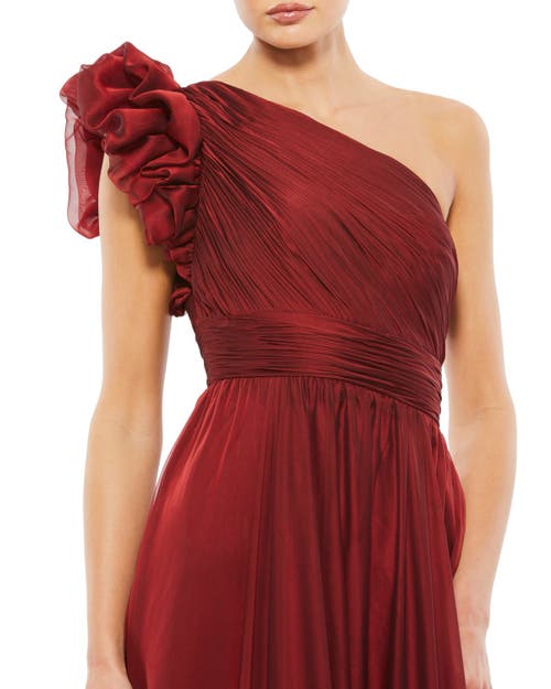 Mac Duggal Ruffled One Shoulder Tiered Chiffon Gown In Wine