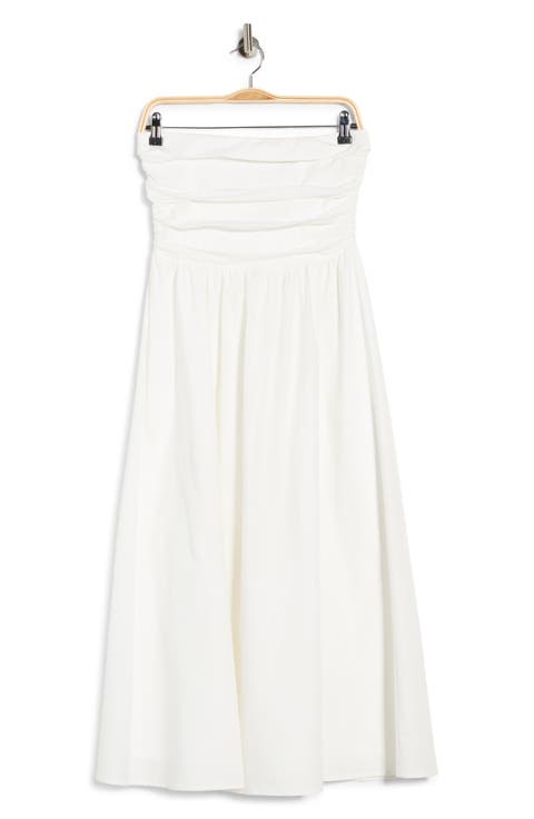 <p>Ruched Strapless Midi Dress</p>