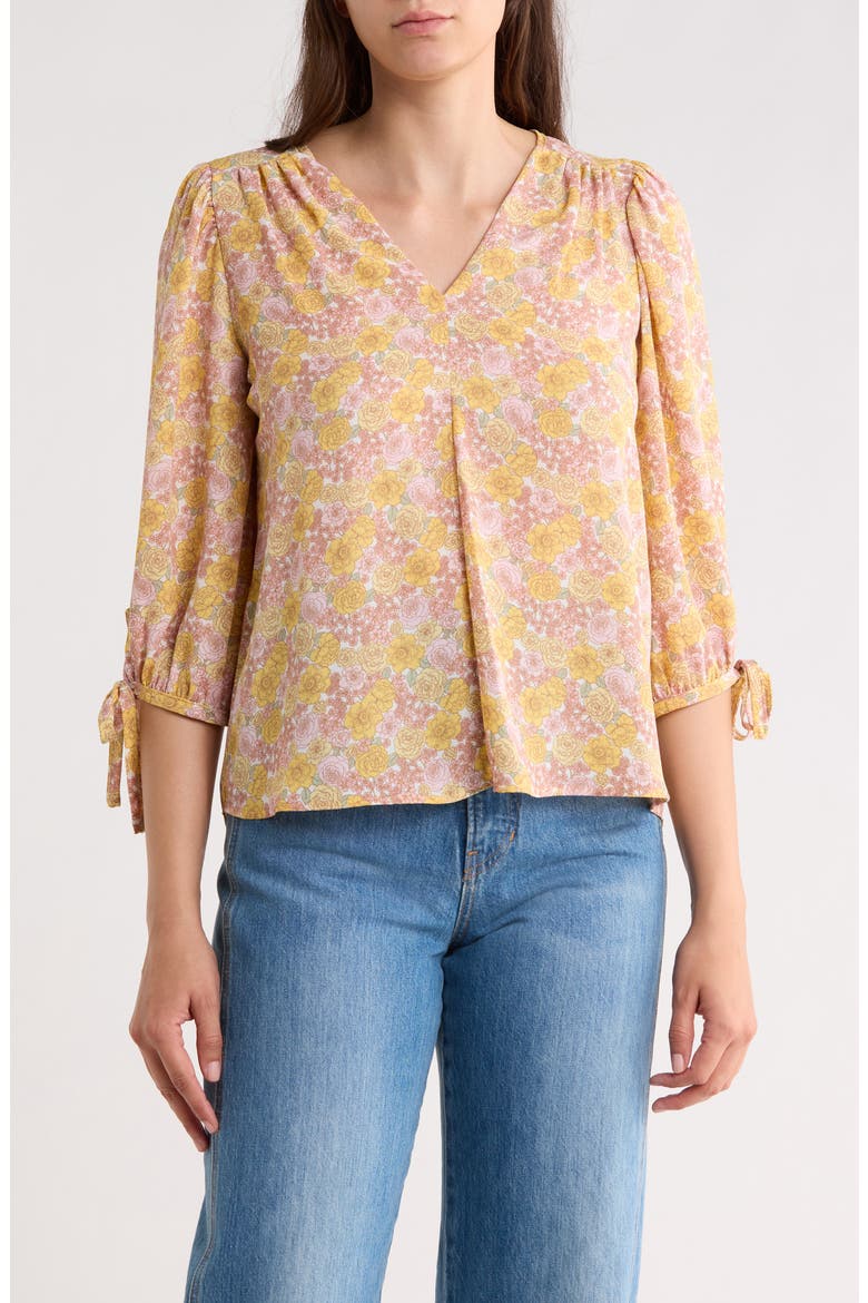 Tie Cuff Floral Top, Main, color, YELLOW