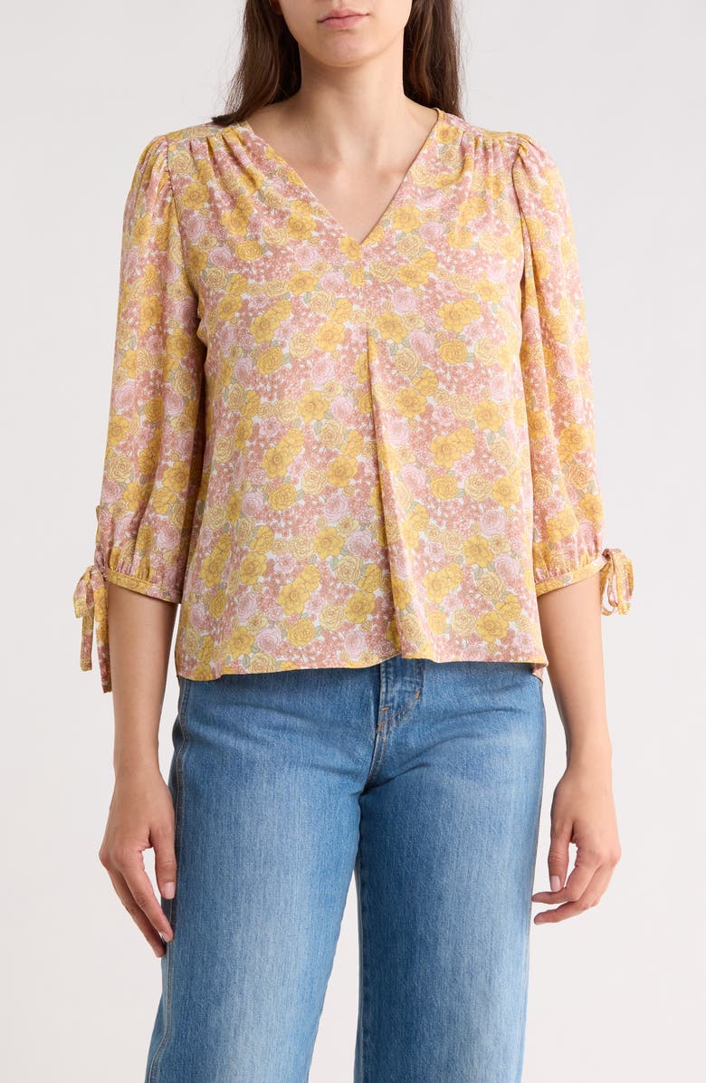 Renee C Tie Cuff Floral Top, Main, color, Yellow
