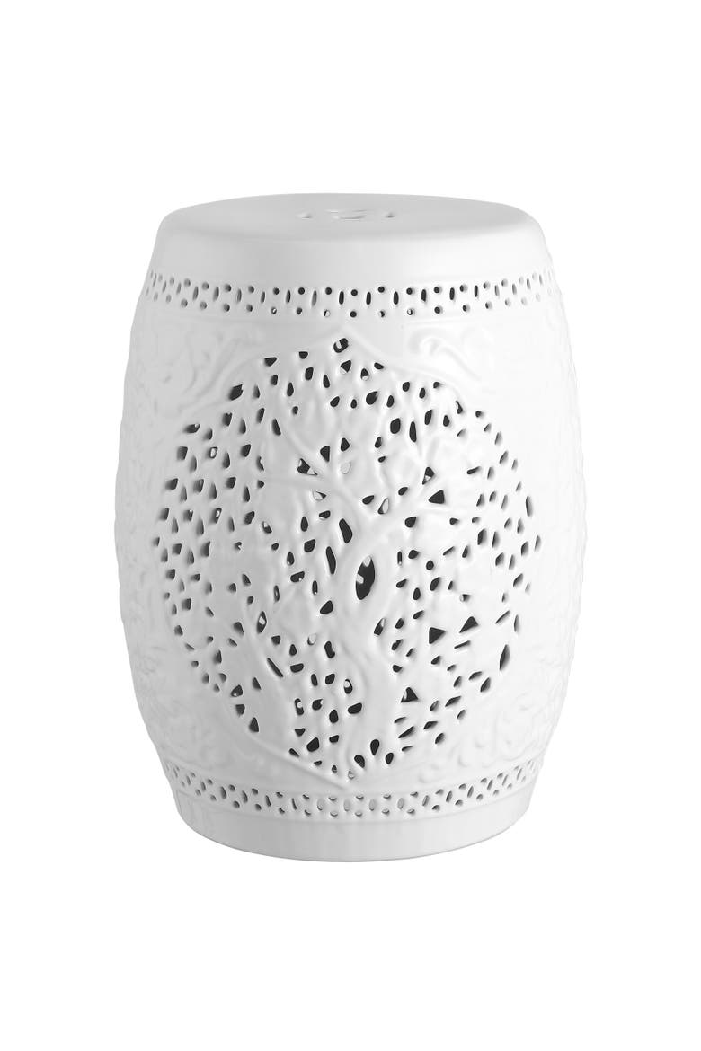 Tree of Life Traditional Floral Chinoiserie Ceramic Drum Garden Stool, Pierced Indoor/Outdoor Patio Seat & Side Table, Main, color, White