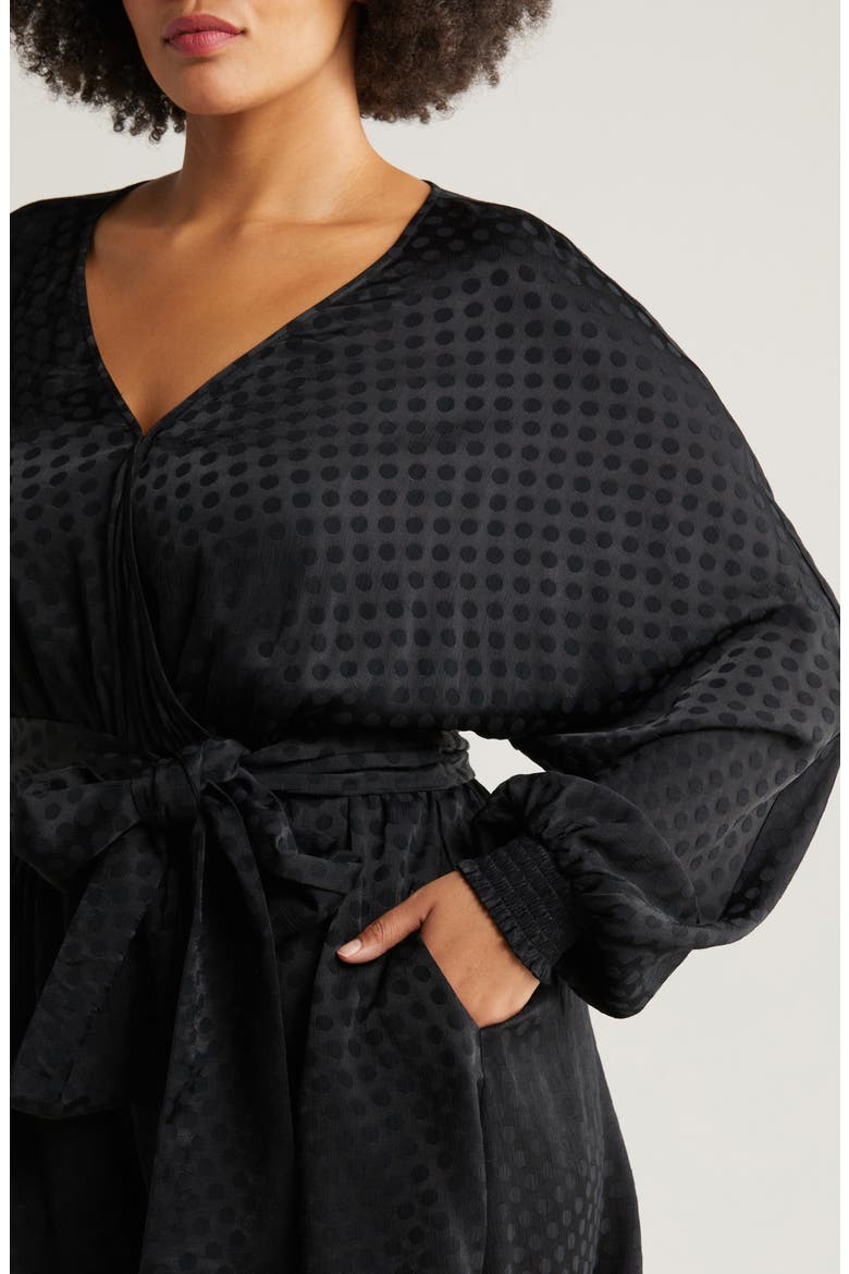 Textured Dot Long Sleeve Satin Romper, Alternate, color, BLACK