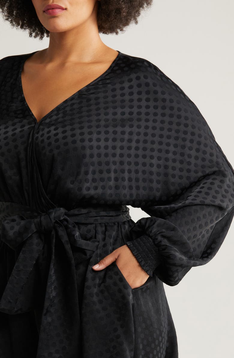 Chelsea28 Textured Dot Long Sleeve Satin Romper, Alternate, color, Black