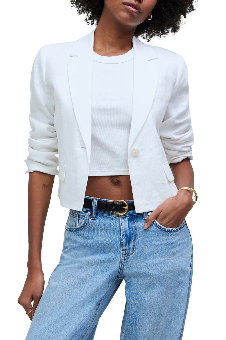 Crop Linen Blazer, Main, color, EYELET WHITE