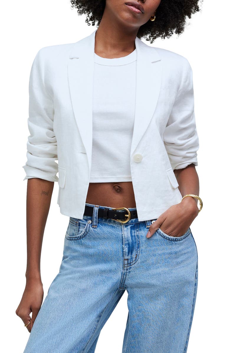Madewell Crop Linen Blazer, Main, color, Eyelet White