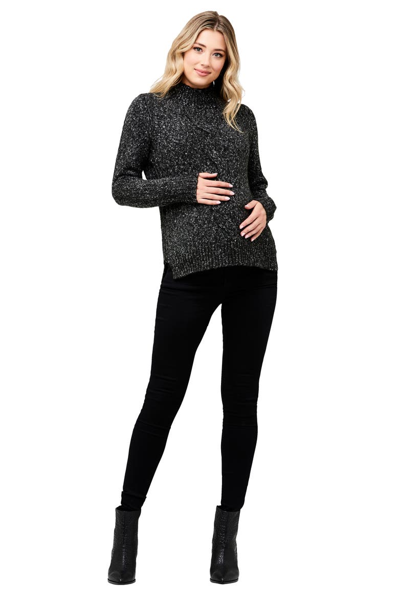 Cable Knit Mock Neck Maternity/Nursing Sweater, Alternate, color, BLACK