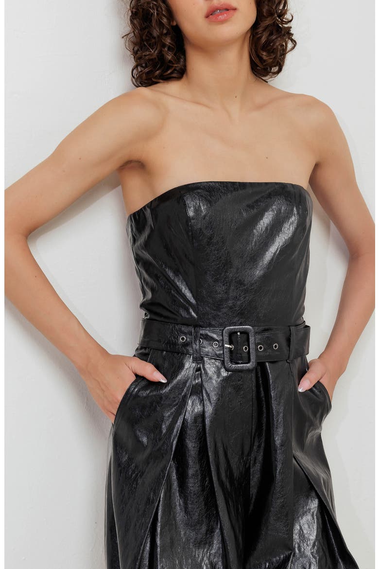 Faux Leather Strapless Belted Jumpsuit, Alternate, color, BLACK