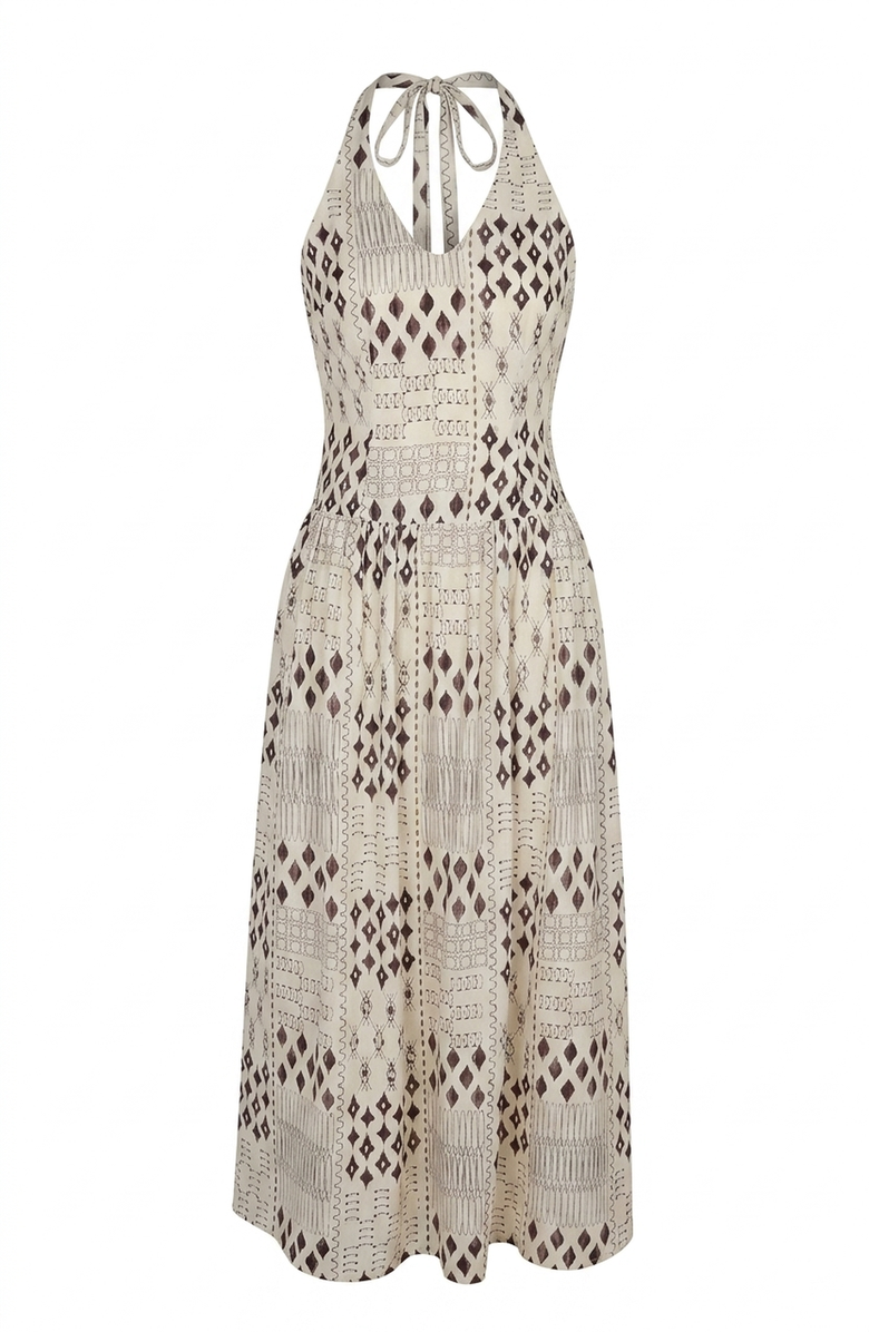 Modenaire Geometric Print Halter Maxi Dress, Alternate, color, Cream / Dark Brown