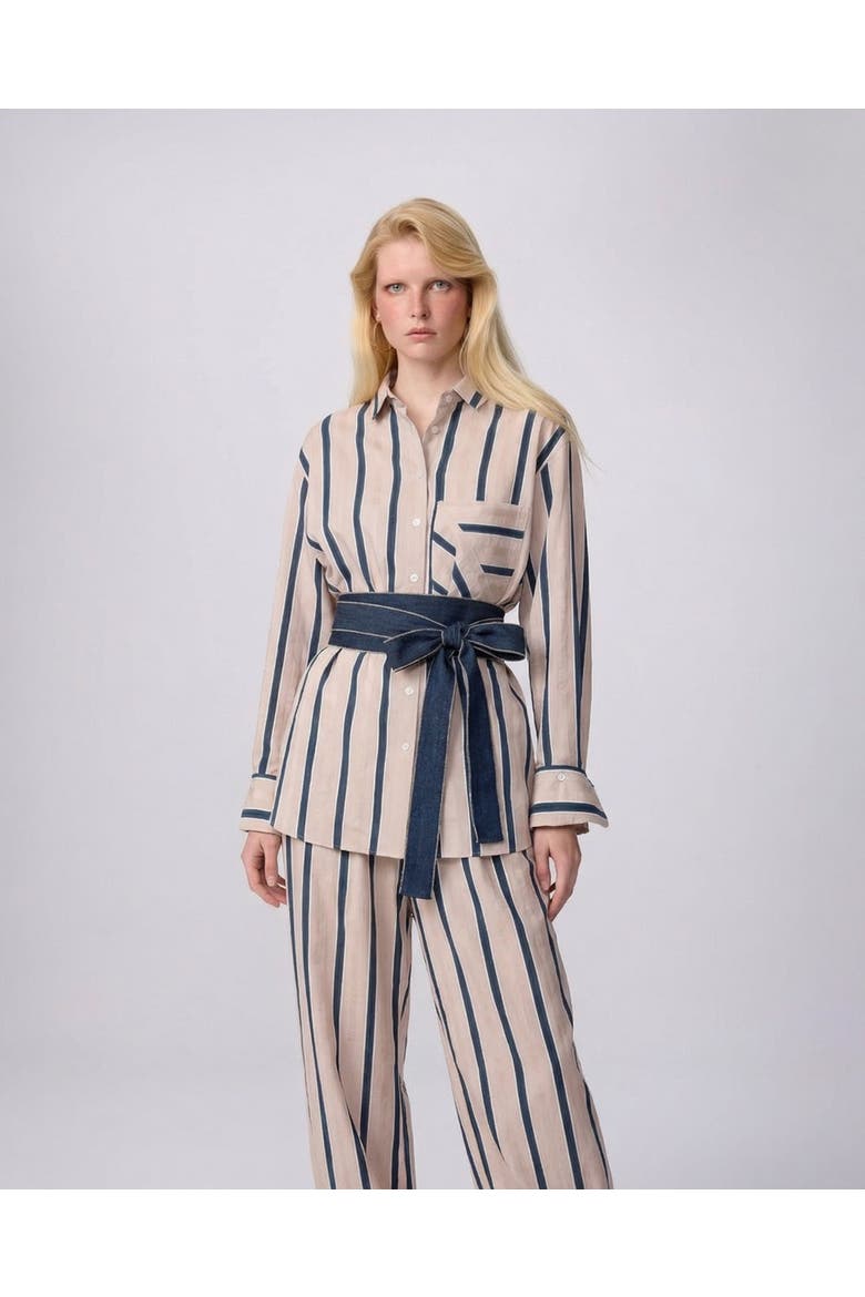 Ismene Side Button Boyfriend Stripe Shirt, Alternate, color, Eclipse Nude Stripe
