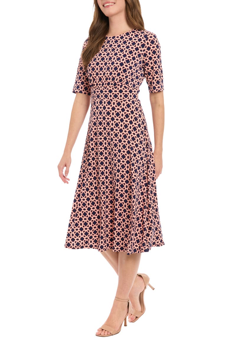 Banded Waist Midi Dress, Alternate, color, NAVY/ ORANGE