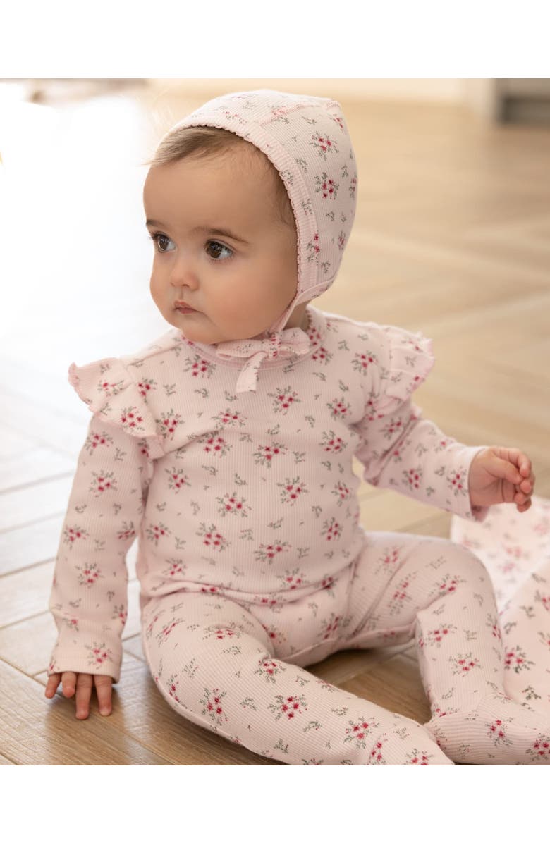 MiniMoi 3 Piece Mini-Ribbed Cotton Rich Ruffled-Sleeve Floral Footie Set, Alternate, color, Pink