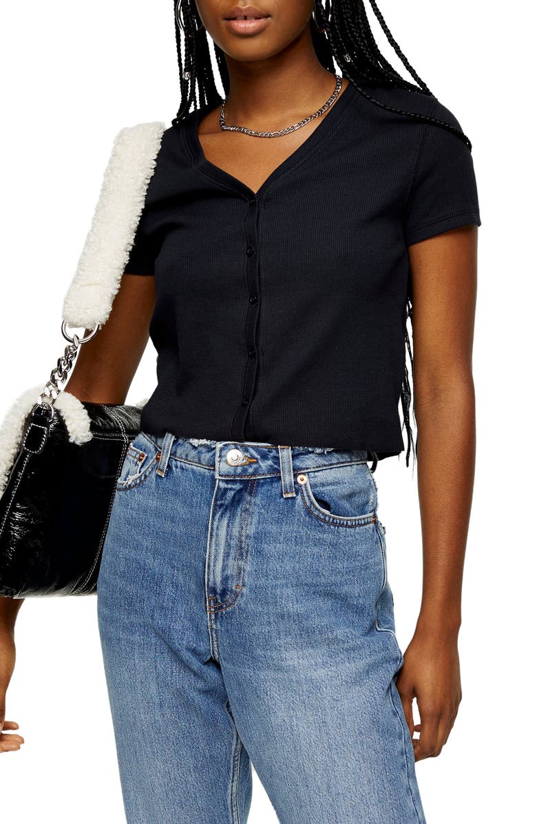 Topshop Button-Up Ribbed Tee, Main, color, 