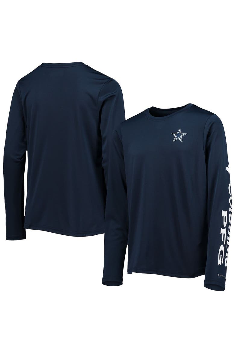 Youth Columbia Navy/White Dallas Cowboys Terminal Tackle Omni-Shade Long Sleeve T-Shirt, Main, color, Navy
