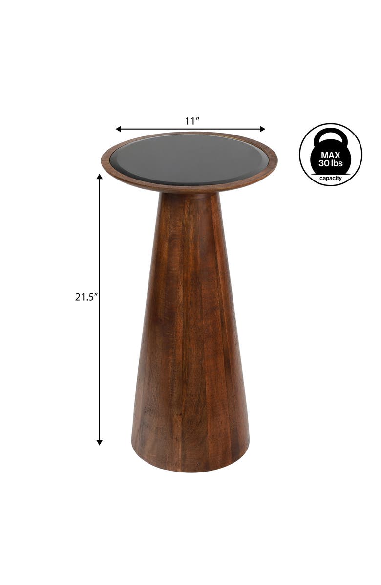 JONATHAN Y Linden 21.5" Farmhouse Industrial Mango Wood Drink Table and Decorative End Table with Round Black Glass Top and Cone Pedestal Base, Alternate, color, Walnut