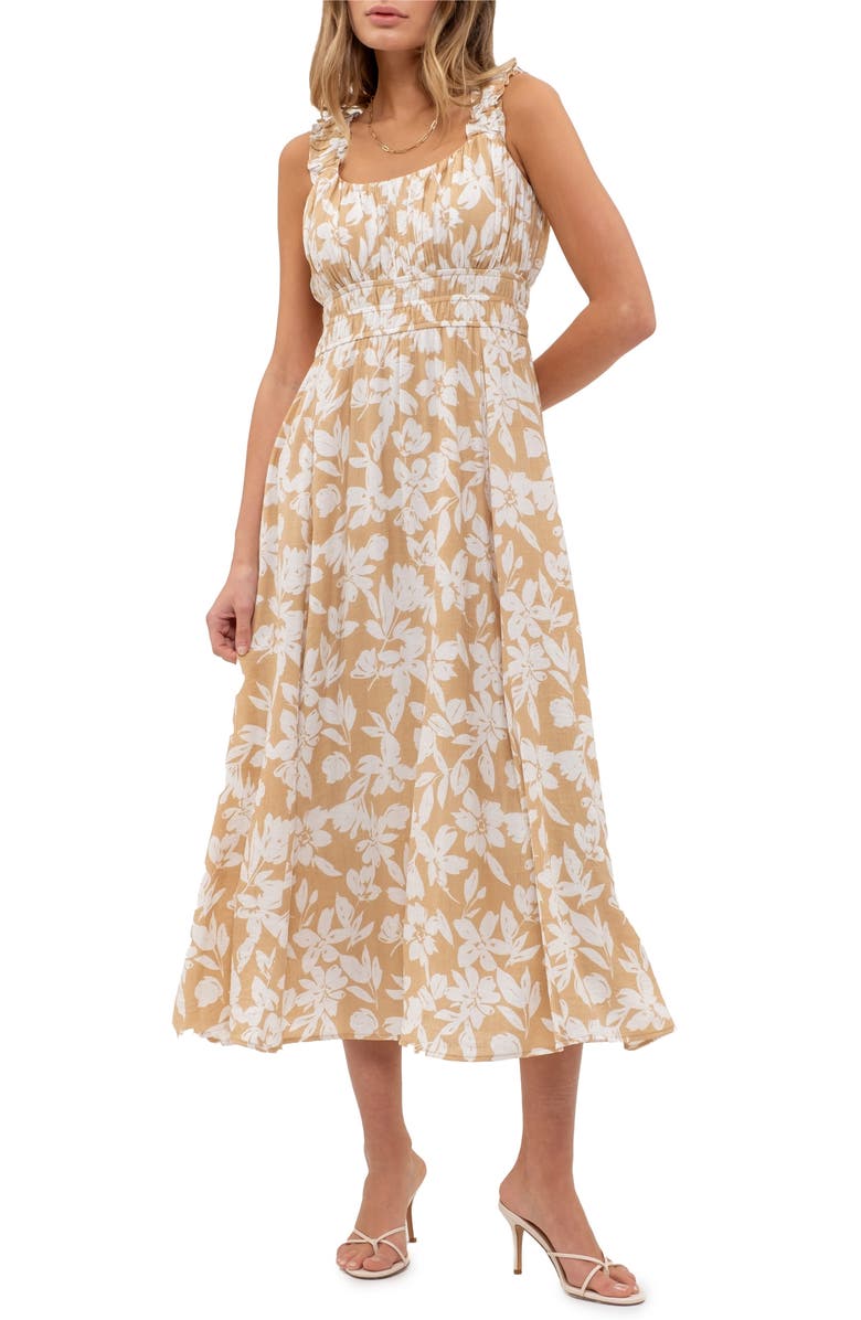 AUGUST SKY Floral Shirred Empire Waist Midi Dress, Main, color, 