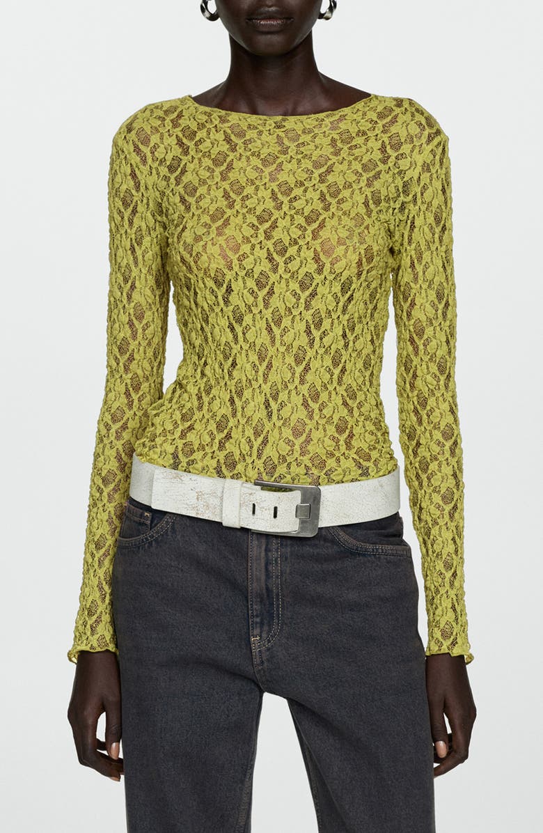 MANGO Sheer Lace Boat Neck Long Sleeve Top, Main, color, 