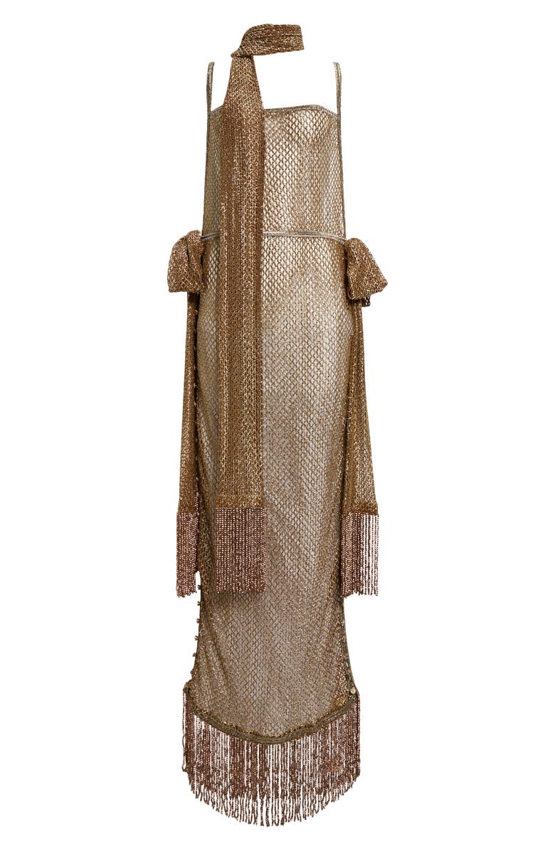 Bode Beaded Fringe Sheer Lamé Lace Maxi Dress, Alternate, color, 