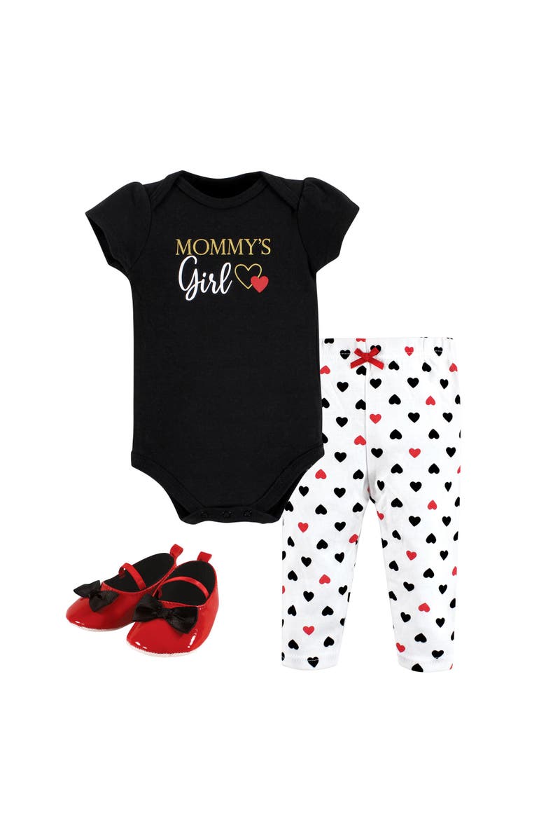 Hudson Baby Cotton Comfort 3Pk Bodysuit, Pants, and Shoes, Main, color, Girl Mommy Red Black