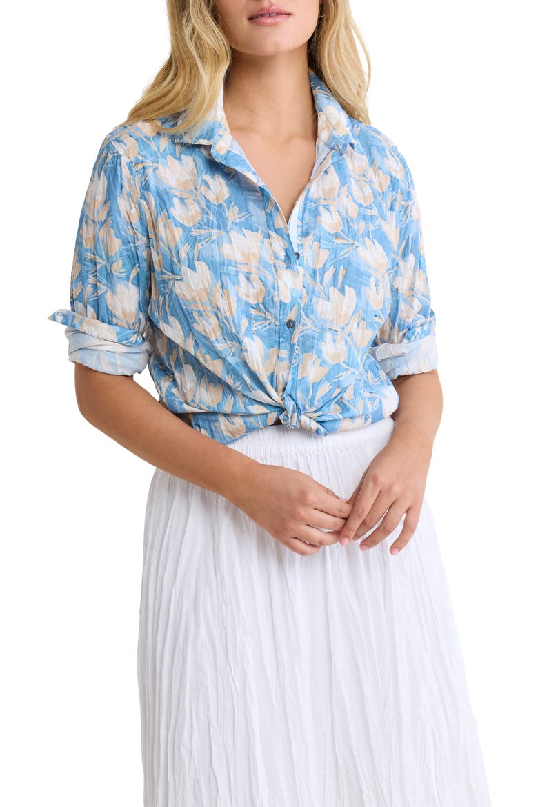 Shadow Floral Core Crinkle Cotton Button-Up Shirt, Main, color, BLUE MULTI